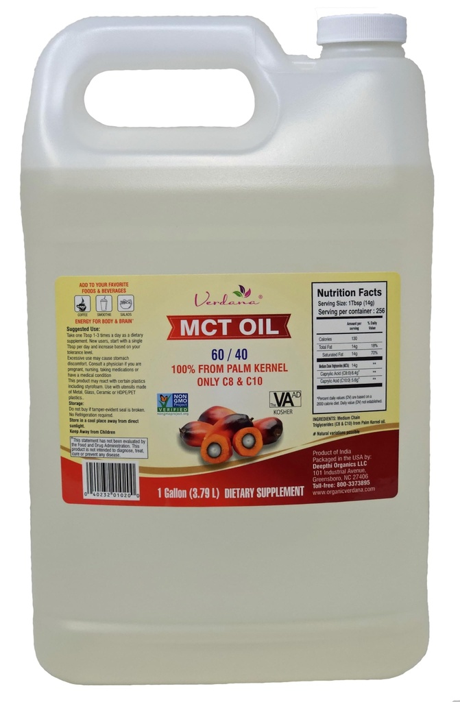 Verdana Food Grade MCT Olje – 1 Gallon (128 Fl Oz) – Premium C8/C10 Triglycerider – Keto & Paleo Vennlig – Ikke-GMO, Kosher – En pålitelig merkevare for energi, sportsnæring, Aromaterapi og Massasje