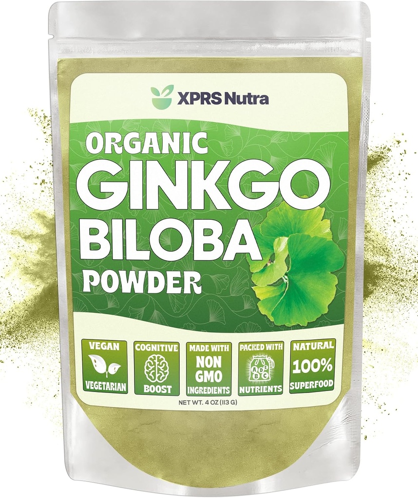 XPRS Nutra Organic Ginkgo Biloba pulver - Gingko Biloba Kosttilskudd for kognisjon - Vegansk Vennlig Ginkoba Biloba Organic - Immunity Boosting Ginkgo Biloba pulver (4 oz)