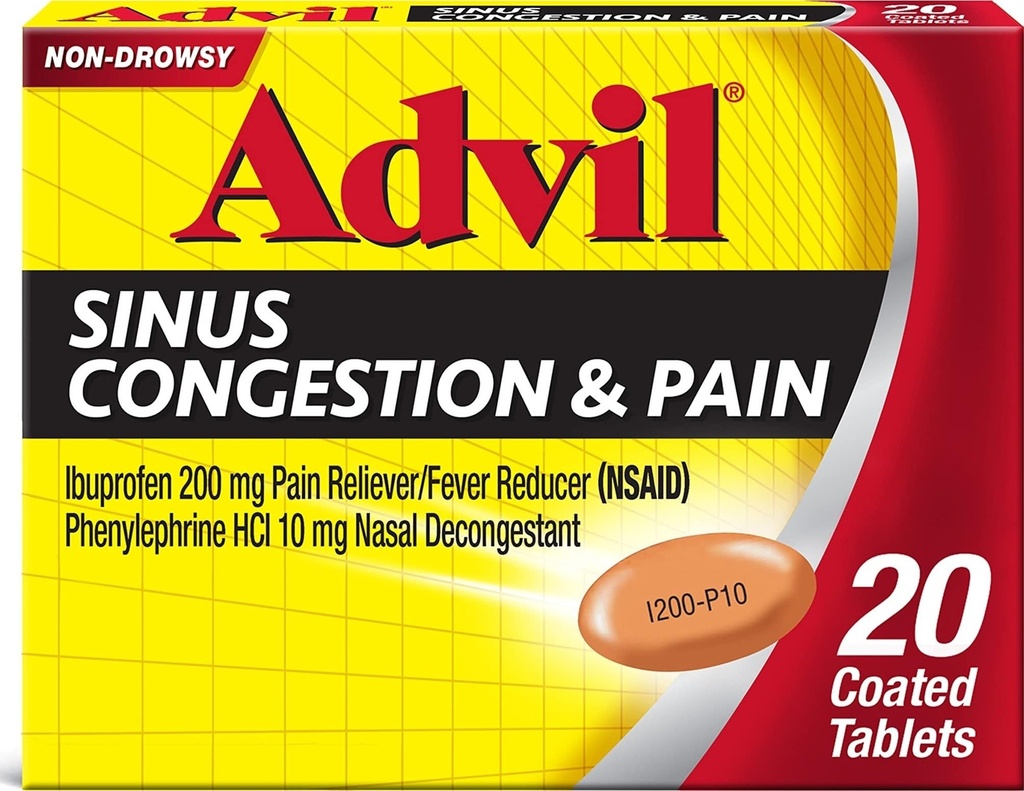 Advil Sinus Congestion og Smerte, Sinus Relief Medisin, Smerte Relief og Feber Reduser med Ibuprofen og Phenylephrin HCl - 20 Coated Tabletter