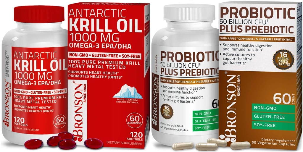 Bronson Probiotic 50 milliarder CFU + Prebiotic med Apple Polyphenoler & Pineapple Frukt Ekstrac Antarktis krill olje 1000 mg med Omega-3s EPA DHA