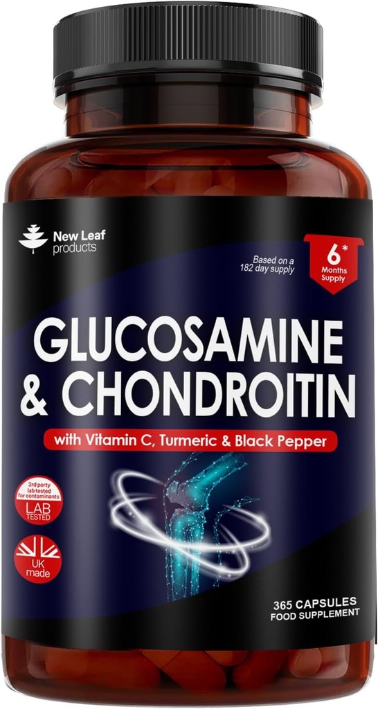 Glukosamin og Chondroitin høy styrke - med MSM (365 tabletter) ekstra absorbensberiket med vitamin C, Glukosamin Sulfat Chondroitin Sulphate Glutenfri, GMP, 365 Kosttilskudd Tabletter