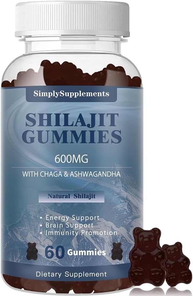 Shilajit Gummies med Ashwagandha og chaga for menn og kvinner - Shilajit Supplement med Trace Minerals & Fulvic Acid for energi og immunitetsstøtte, 60 Gummies