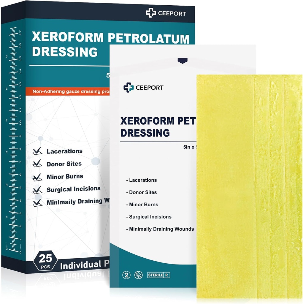 Medisinsk Xeroform Petrolatum Dressing 5x9 - Ikke-ærlig Gauze Pad Strip, Fine Mesh Gauze Patch forsyninger for sårpleie, Burns, Lacerations, & Skin Grafts (Pack of 25)