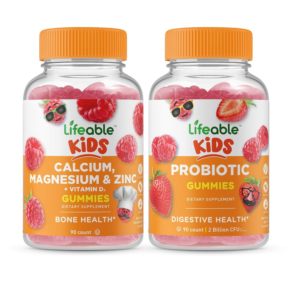 Livbar Kalsium Magnesium & Sink Kids + Probiotiske 2 milliarder CFU Kids, Gummies Bundle - Great Tasting, vitamin Supplement, Glutenfri, GMO Gratis, Chewable Gummy