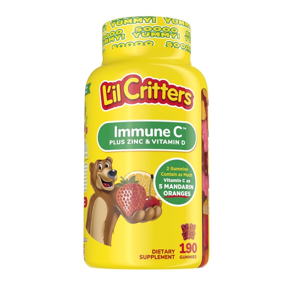L'il Criters Kids Immune C Gummy Supplement med vitamin C, sink og vitamin D3 for immunstøtte, 190 ct (95-190 dagers forsyning), 4 deilige smaker fra Amerikas nummer ett Gummy Vitamin Merke