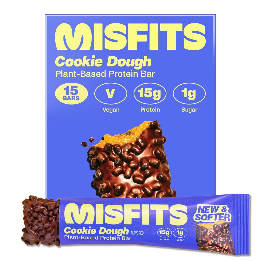 Misfits Vegan Protein Bars, Cookie Dough - Oppdatert oppskrift | Plant Basert, Lav Sugar & Carb, Høy Fiber Snacks | Pakke med 15