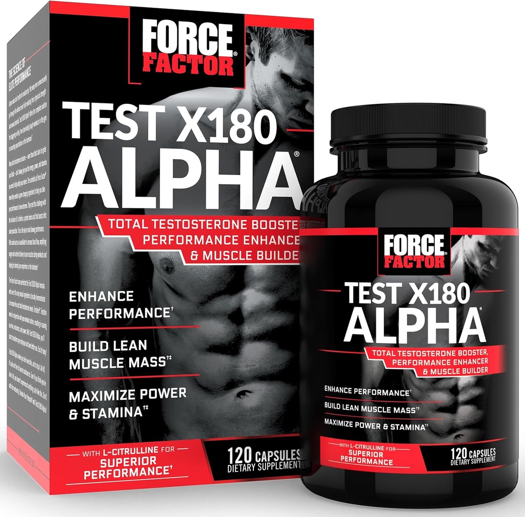 Force Factor Test X180 Alpha Testosteron Booster for menn, Testosteron Supplement med patentert Fenugreek & L-Citrullin å fremme lean muskel, styrke, energi, kraft og ytelse, 120 kapsler