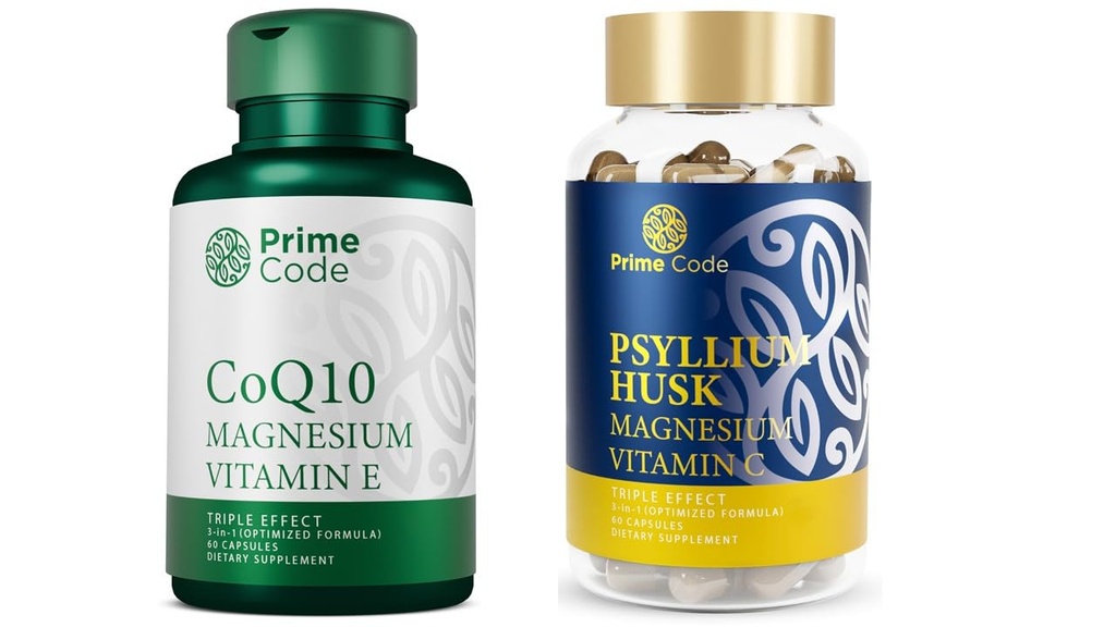 Prime Code CoQ10 250 mg med magnesiumglycinat og vitamin E, Psyllium Husk kapsler med magnesiumcitrat og vitamin C