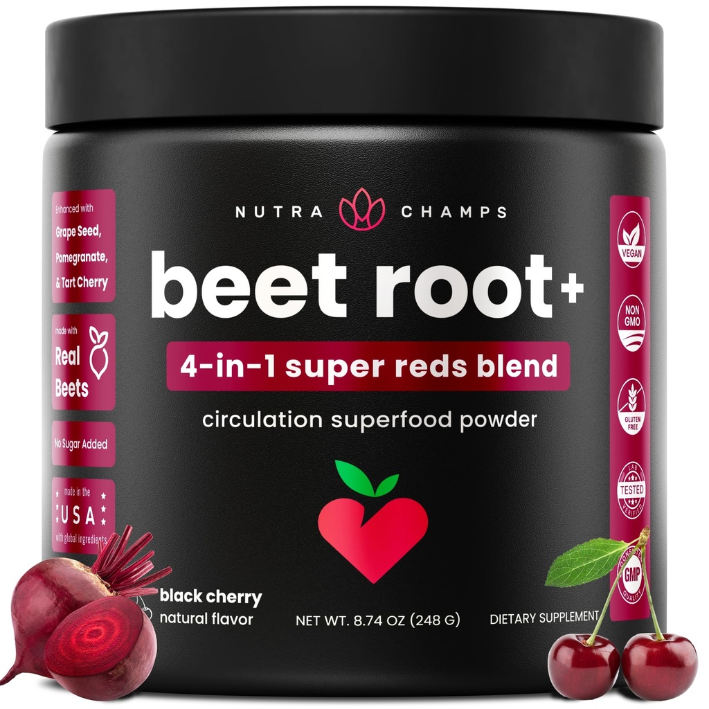 NutraChamps Beet Root Powder Sirkulasjon Supplement, Superfood Powder Nitric Oxid med Beetroot Juice, Super Reds & Grape Seed Extract, Ingen Sukker Beet Supplement - 8,74 Oz