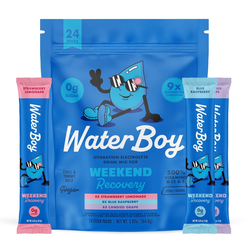 Waterboy Weekend Recovery Variety | 3200mg Electrolyte Powder Packets | Ginger + L-Theanine + vitaminer | Ingen sukker, Alt naturlig, Glutenfri | 24 Drikke Stick Blander (Variety Pack)