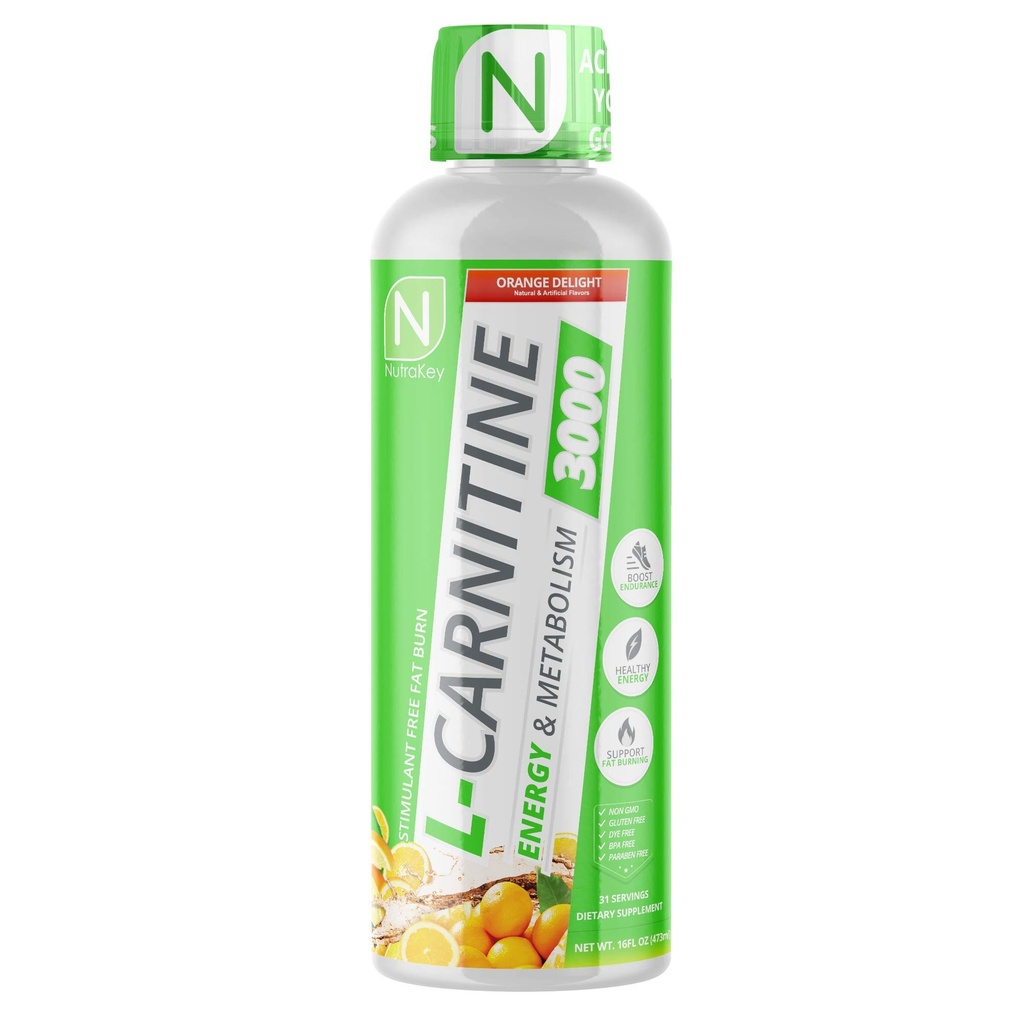 NutraKey L-karnitin 3000mg, Ingen sukker, Glutenfri, bli til drivstoff, (Orange Delight) 31 Serveringer