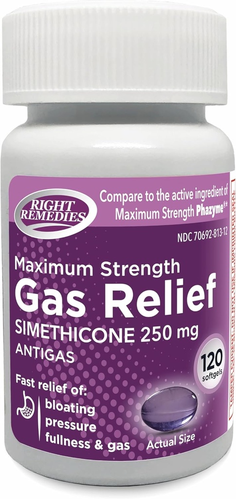 Gass Relief Maks styrke, simetikon 250 mg, (120 Softgels), rask relief fra gass, bloating, fullhet, smertefull diskomfort, sammenlignet med maksimal styrke Phazyme Active Ingredient