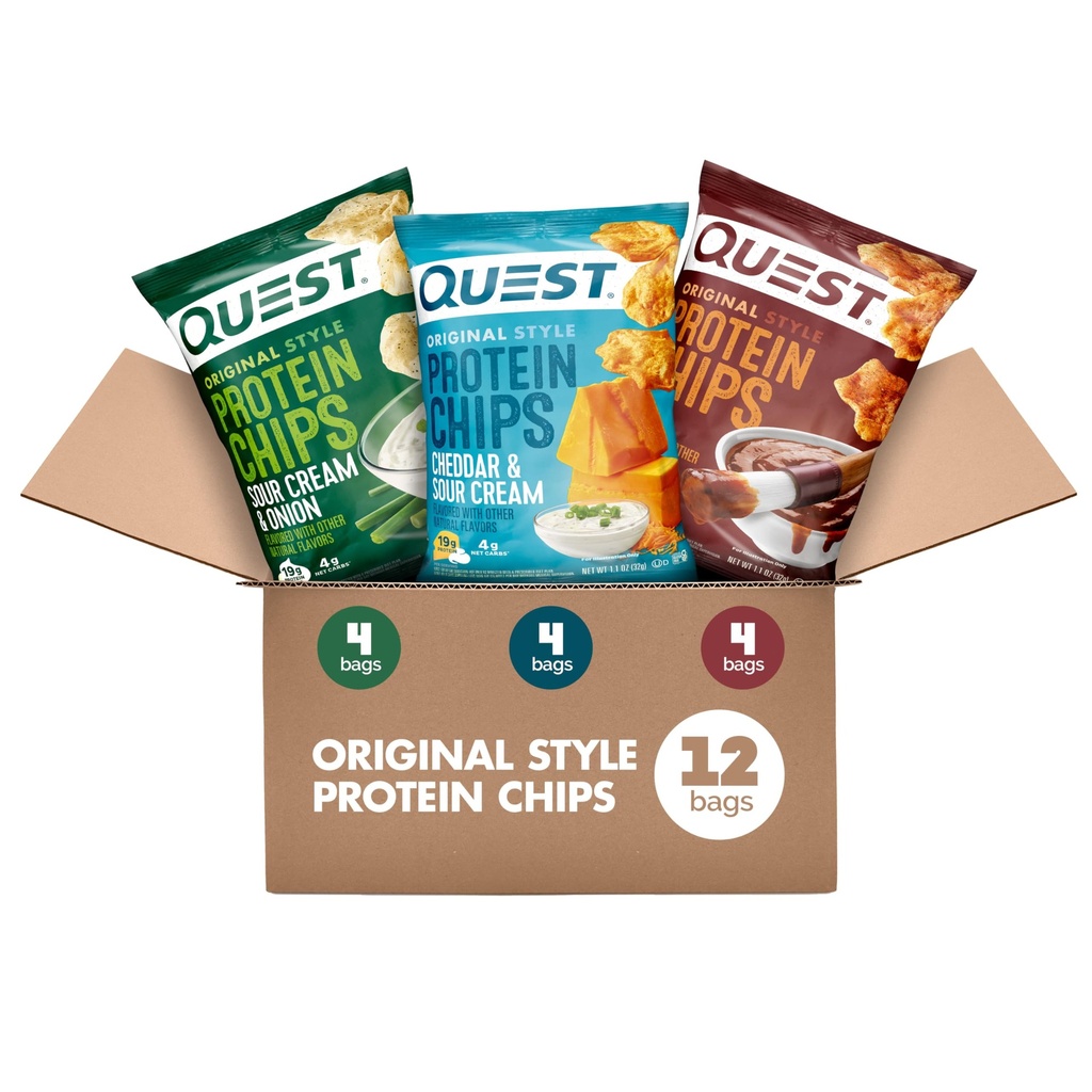 Quest Nutrition Protein Chips Variety Pack, BBQ, Cheddar & Sour Cream, Sour Cream & løk, høy protein, lav carb, 1.1 oz (pakke med 12)