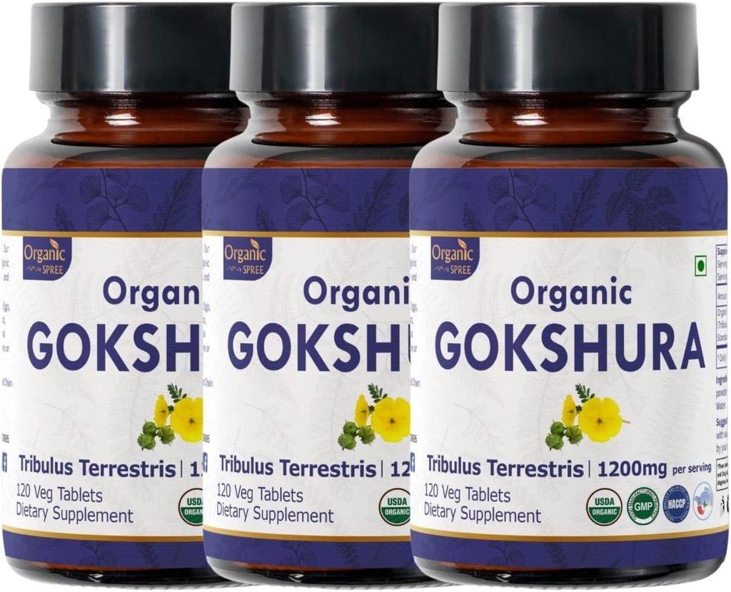 Gokshura 120 tabletter | Tribulus terrestris (Gokshura) | USDA Økologisk sertifisert | støtter immunitet og styrke | Økologisk og naturlig 120tab - Pakke med 3