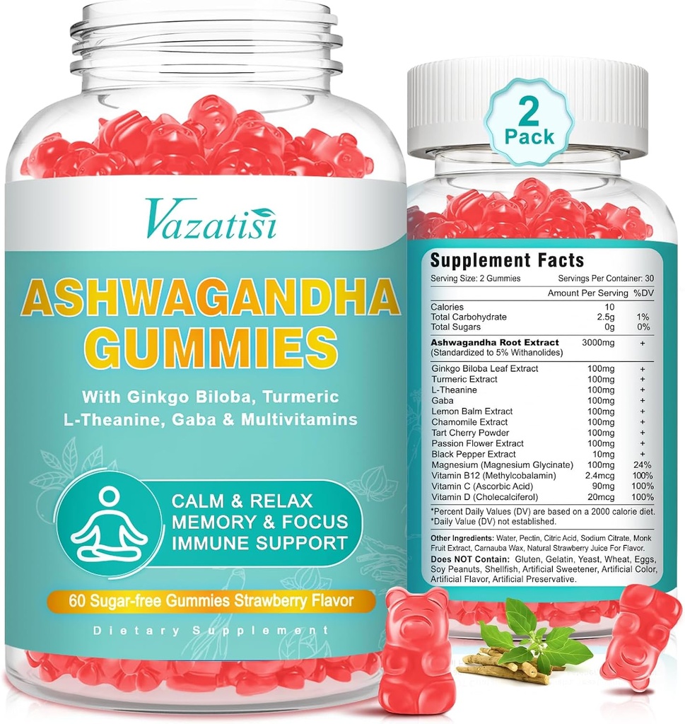 2 Pack Ashwagandha Gummies med gummer GABA Mood Energy og Immune Support, Jordbær Flavor 120 Cts