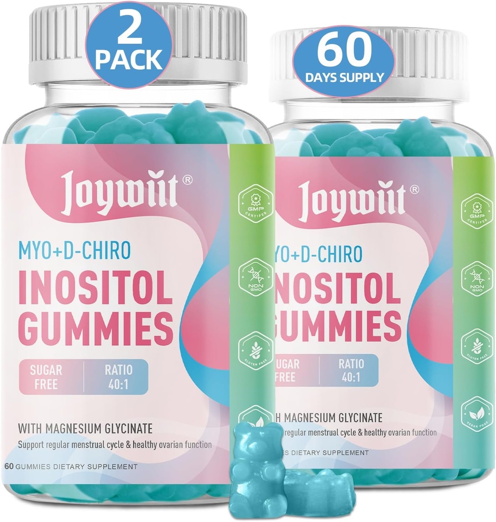 Sukkerfri Inositol Gummier, Inositol Chewable Supplement for kvinner, 40:1 Ratio Myo-Inositol & D-Chiro Inositol med magnesiumglycinat, Fertilitet støtte for vanlig syklus & hormonbalanse,120CT