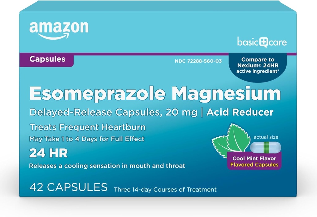 Basic Care Esomeprazol Magnesium Forsinket-adhesiv Kapsler 20 mg, syre Reduser, kul mynt, 42 greve (3 pakker med 14)