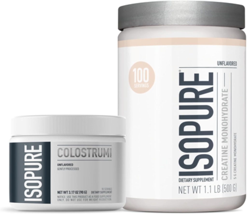 Bundle av Isopure Bovine Colostrum Supplement pulver, forsiktig prosessert, 90 Serveringer + Isopure Unflavored Kreatin Monohydrat pulver, 5g Kreatin Monohydrat per Scoop, 100 serveringer, 500g