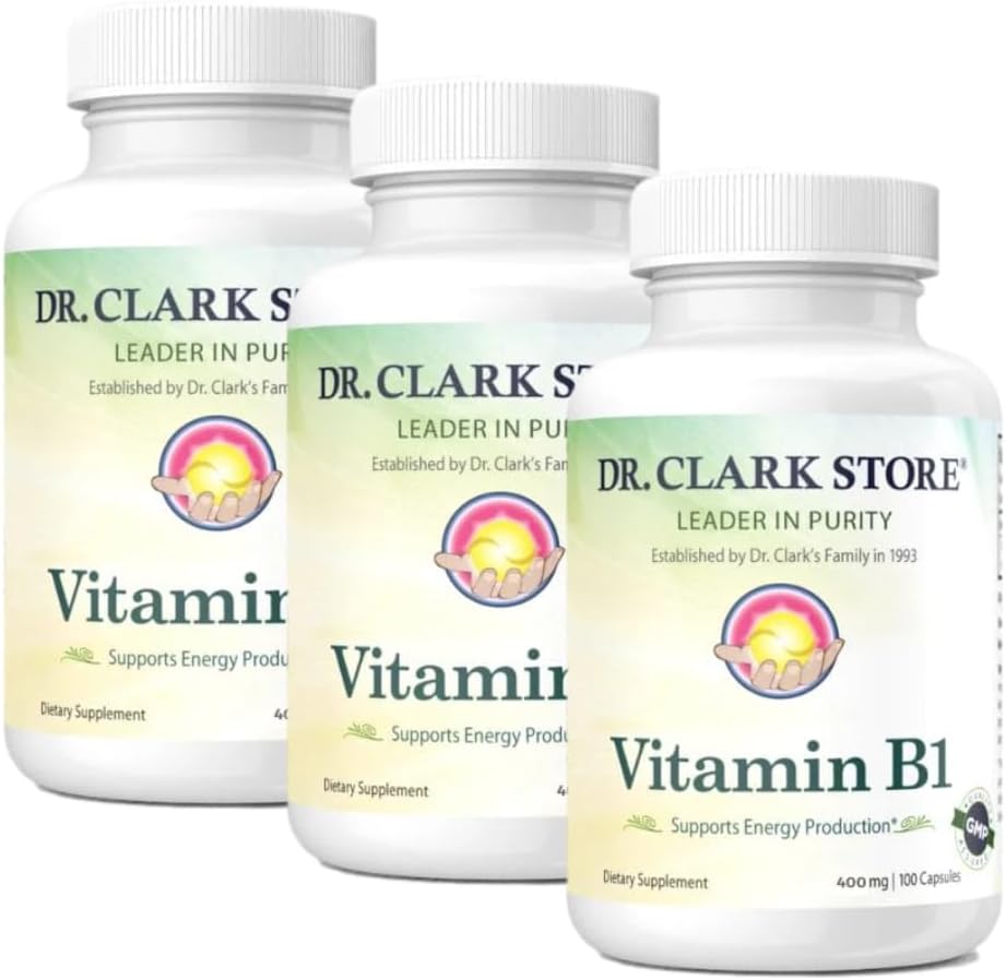 Bernard Jensens Dr. Clark Store vitamin B1 Thiamin 500mg Supplement -Thiamin B1 Supplement for sunne nervesystem og energimetabolisme, Glutenfri, Dairy Gratis - 100 Gelatin kapsler 3Pack