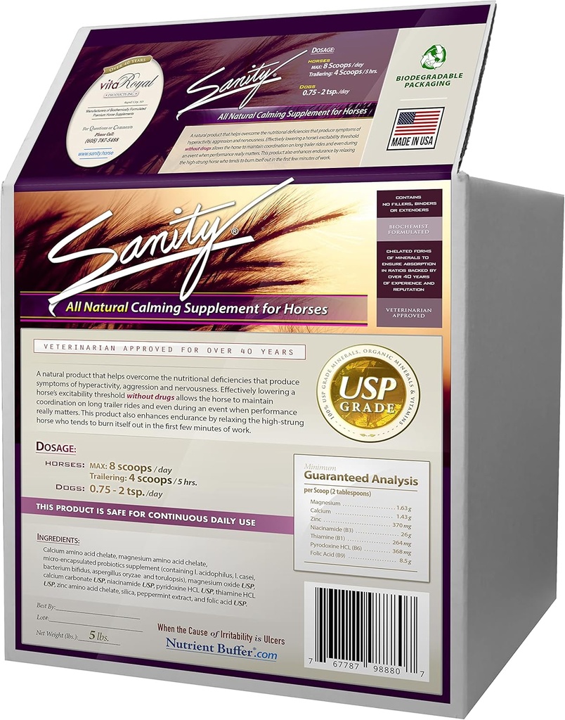 Sanitet - Equine Atferdsmessig beroligende fokus Supplement for hester - magnesium, kalsium, sink, B-vitaminer, Aminosyrer, Probiotika, Thiamin, Folinsyre, Niacin, Peppermynt og mer