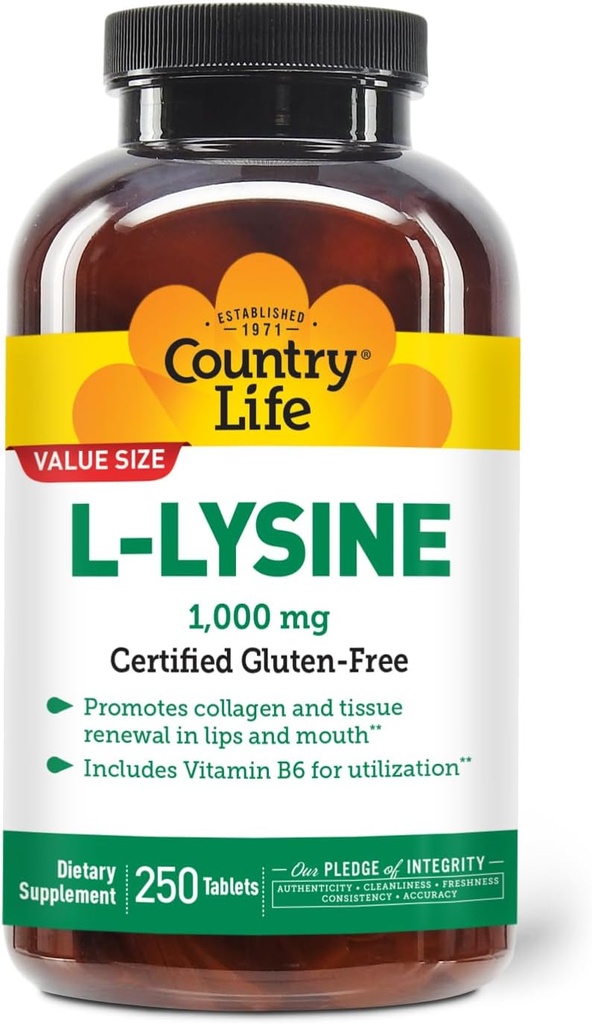 Country Life L-Lysine 1000mg med B-6, støtter immunhelse, fremmer kollagenfornyelse i lepper og munn, 250-fylke, sertifisert Glutenfri, sertifisert Vegan