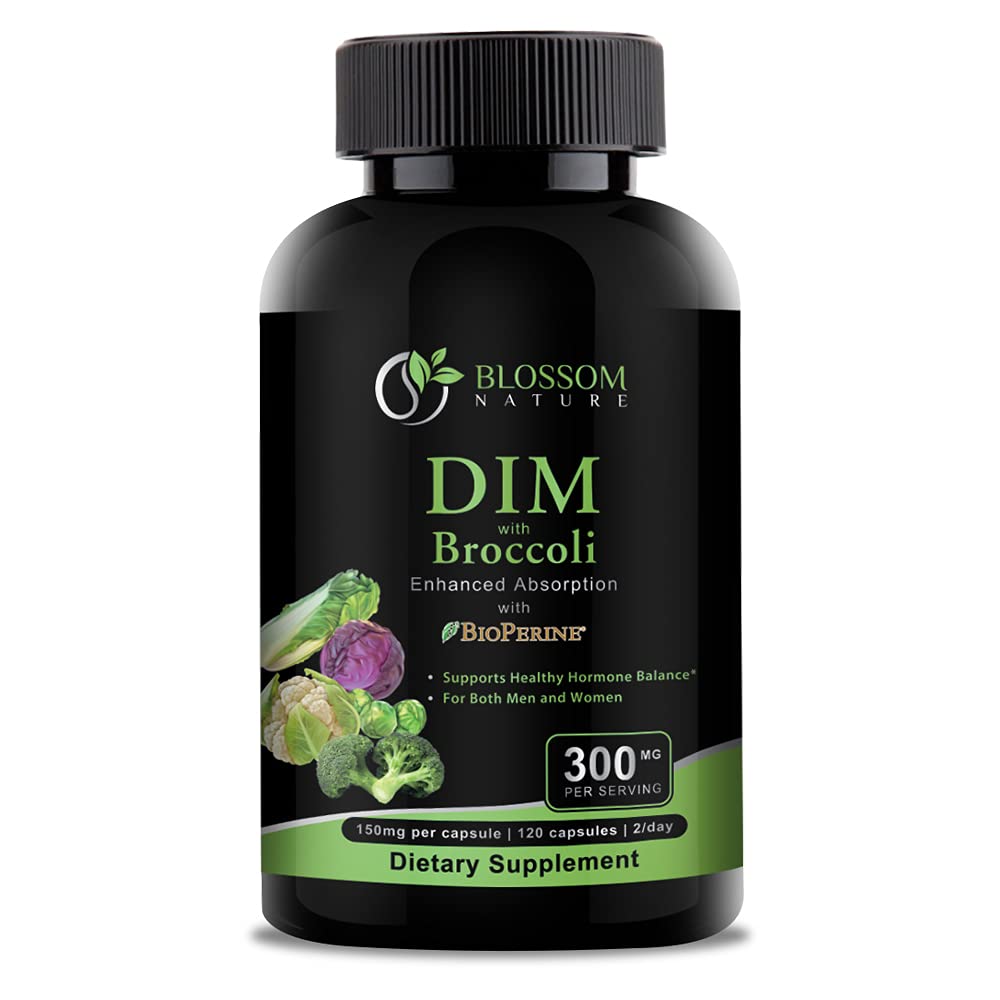DIM Supplement 300mg med Broccoli 200mg BioPerine 10mg-Hormone og Estrogen Balance for kvinner og menn, Menopause Relief, PCOS og PMS Støtte,Hormonal Acne behandling-120 Caps,Dindolylmetan 150mg per Cap