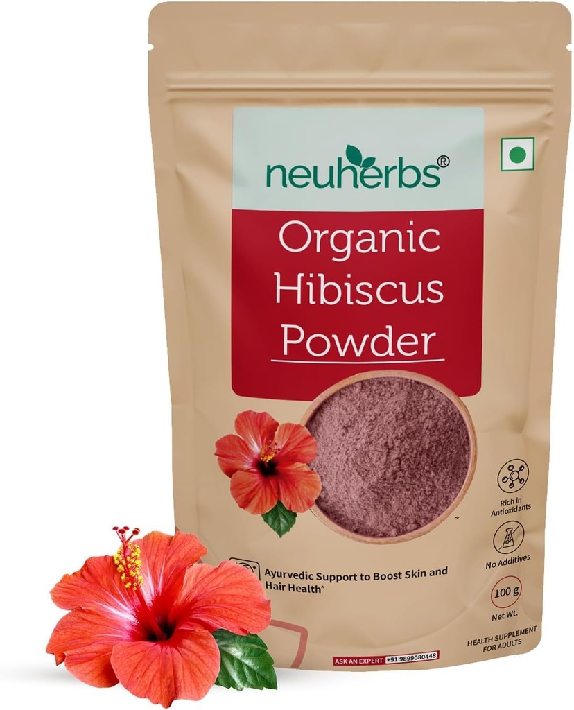 Økologisk Hibiscus pulver for kvinner og menn (100 gm, pakke med 1) | Ayurvedisk omsorg for å øke hud og hår helse | 100% naturlig og vegansk vennlig | rik på antioksidant og vitamin C | Ingen tilskudd