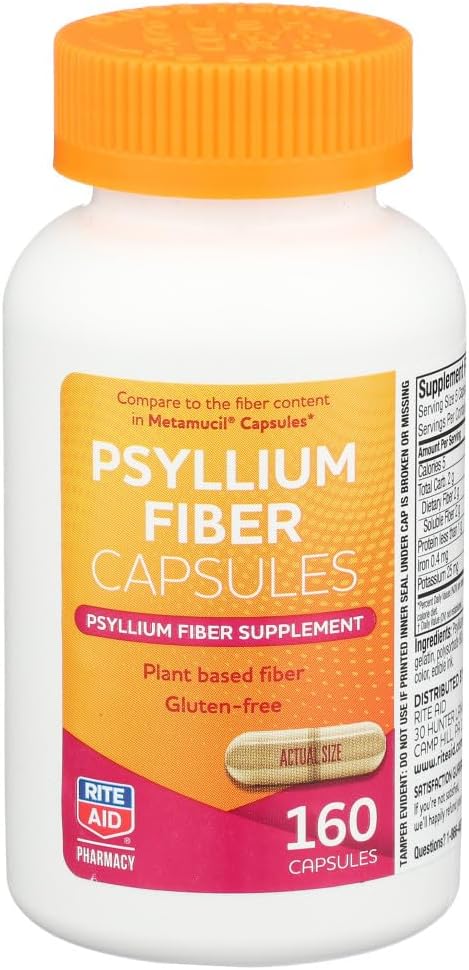 Rite Aid Psyllium Fiber Capsules, 160 greve, Psyllium Fiber Supplement, | Hudpleie Relief | 100% naturlig Psyllium Hunk Fiber | Hjelper Restore Regelmessighet |