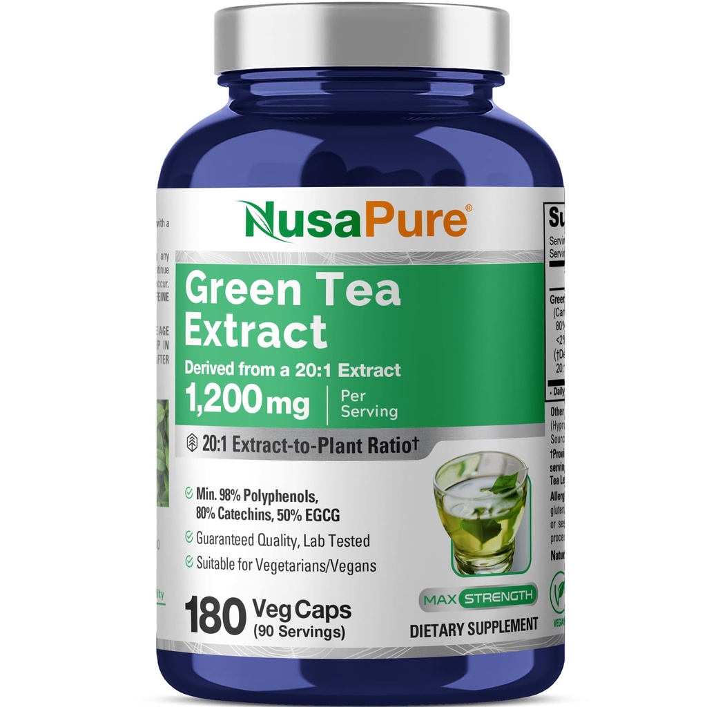 NusaPure Grønn Te 20:1 Ekstrakt, 1200 mg Ekvivalent med 24000mg, 180 Vegankapsler, 50% EGCG, 98% Polyfenoler, 80% Catekiner