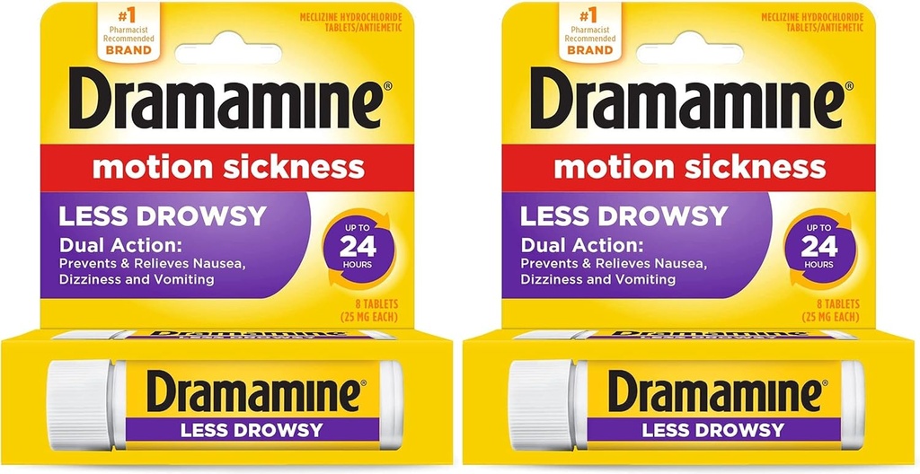 Dramamine hele dagen Mindre Drowsy Motion Sykdom Relief | 8 tabletter inkludert (pakke med 2)