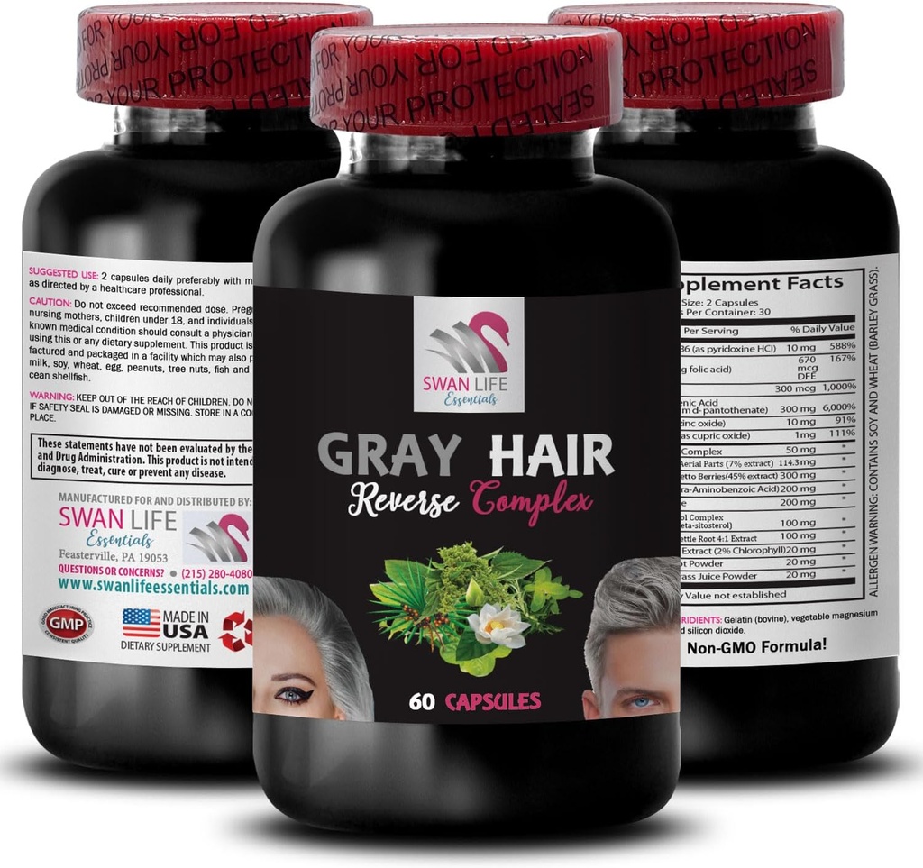Biotin - GRAY HAIR REVERSE - Hestehale Aerial Deler, Hårfarge vekkelse, ungdommelig hår, naturlig hårfarge, hårforyngelse, hår pigmentering, fargeforsterkning, gjenopprette vibrancy 1 flaske 60 kapsler