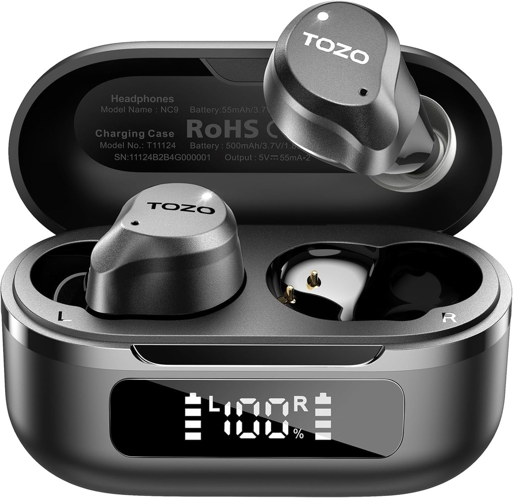 TOZO NC9 Hybrid Aktiv støy Avbryt trådløse ørepropper, 6 mikrofoner ENC Clear Call, IPX8 Vanntett, i øret Bluetooth 5.3 Hodetelefoner Stereo Bass Øre Buds 59H Spilletid med LED-skjerm 32 EQ via APP