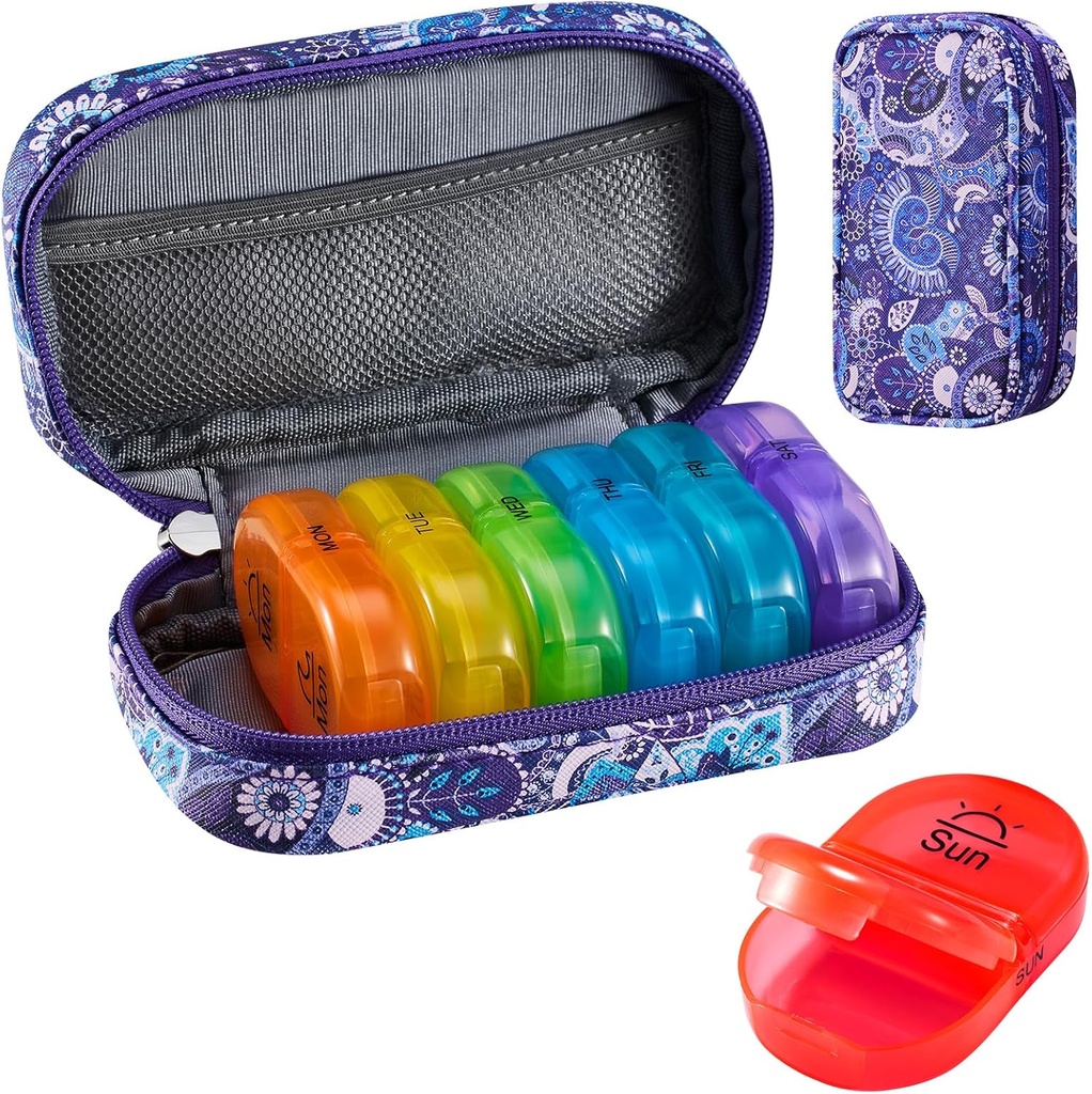 Serfeymi ukentlig reise piller organisator 2 ganger om dagen PM oppgradert Rainbow Pill Box 7 dager med bærbare glidelås PU skinn piller tilfelle, medisinorganisator for piller, vitaminer, fiskeoljer - lilla-01