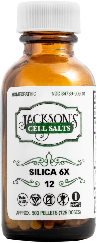Jacksons #12 Cell Salt Silica 6X (500 Pellet Flaske) - Certified Vegan, Laktosefri Schuessler Tuessel Salt Silicea 6X (Made i USA)
