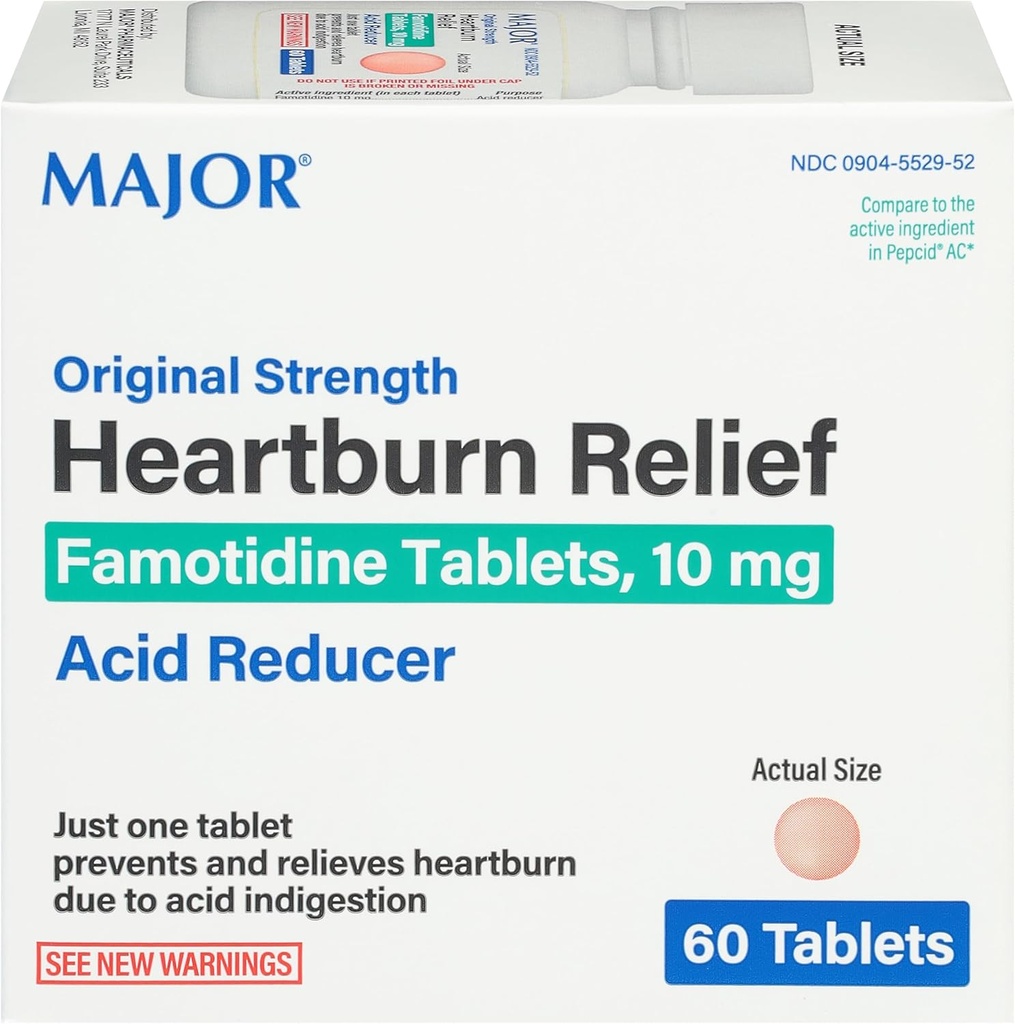 Major Opprinnelig styrke Heartburn Relief - Famotidin tabletter, 10 mg - Acid Reduser - 60 tabletter