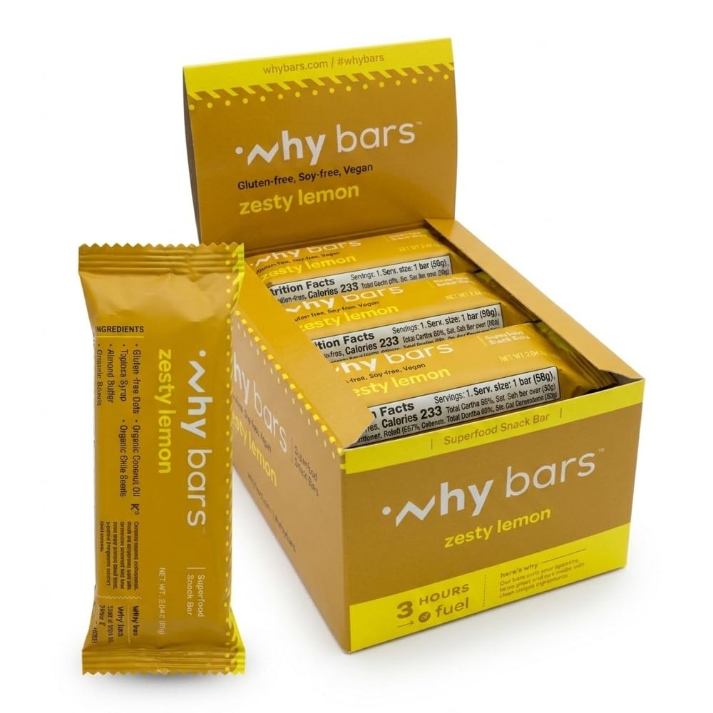 Hvorfor Barer, Protein Barer, Zesty Lemon, 2.04 Ounce Barer (pakke med 12 Protein Barer) - Protein Bar Superfood, Glutenfri, Ikke GMO, Økologisk, Vegansk, enkle ingredienser