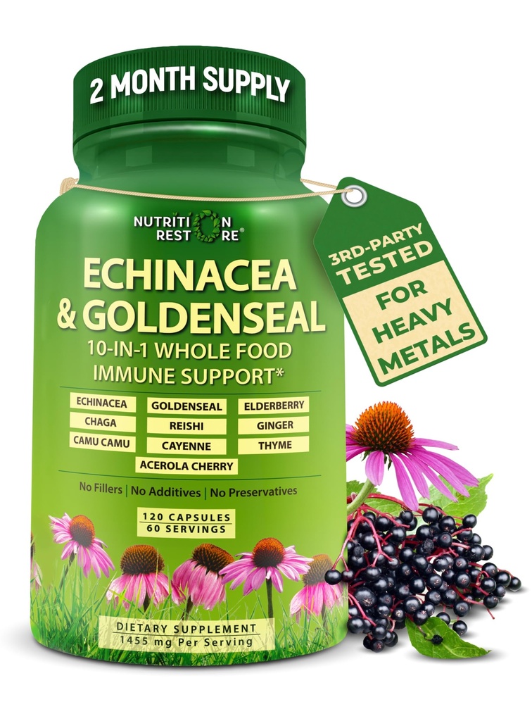 Echinacea Goldenseal Capsules - 10 i 1 immunstøtte Supplement - 1455mg - Vegansk Echinacea Capsules Supplement laget med organiske hele matvarer - Herbal immunsystem støtte - 2 måneders forsyning