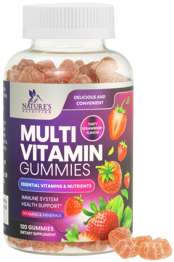 Multivitamin Gummier for voksne, daglige gummy vitaminer og mineraler med vitaminer A, C, D, B12 for kvinner og menn, immunstøtte Gummy Multivitaminer Supplement, voksen flervitamin - 120 Gummies