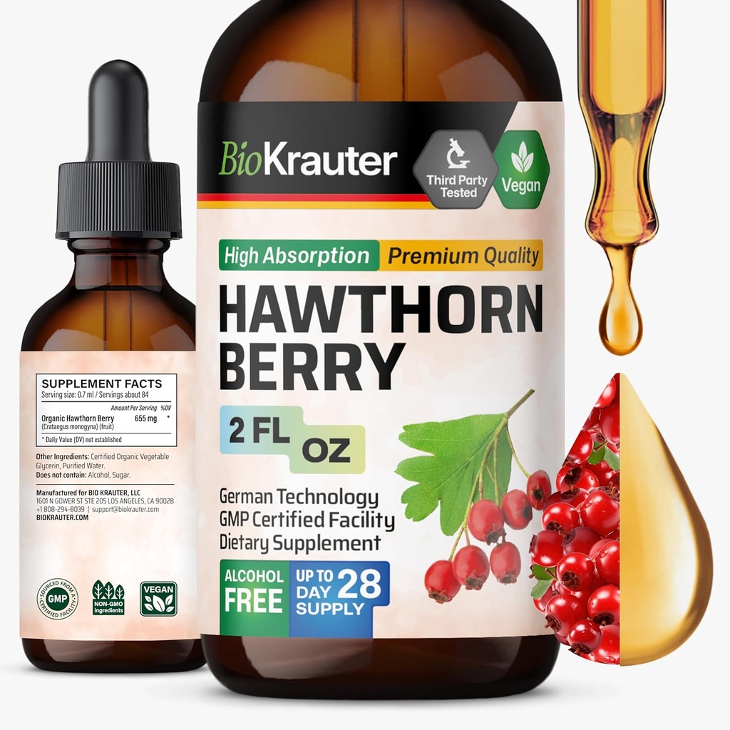 BIO KRAUTER® Hawthorne Berry Supplement - ren Vegansk Hawthorn Berry flytende dråper 655 mg per servering 2 Fl.Oz 28 dagers forsyning - brukes til total støtte og daglig velvære - alkohol og sukker gratis