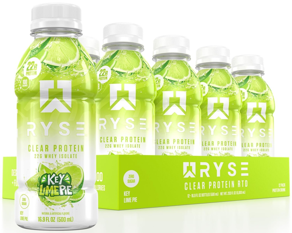 RYSE Clear Protein Drink - Key Lime Pie - 100 kalorier, 22g Whey Isolate Protein Shake, Sukkerfri, 0g Fat & Laktose-fri - Forfriskende Ready-to-Drink Dressing - 16,9 floz flasker (12-Pack)