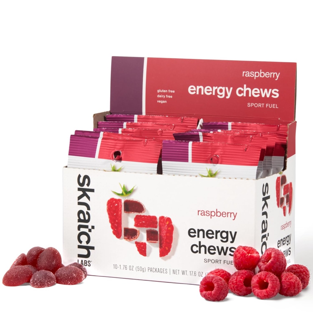 Skratch Labs Energy Chews | Gummies for løp, sykling og idrettsytelse | Gel Alternative | Bringebær (10 pakke) | Glutenfri, Vegan