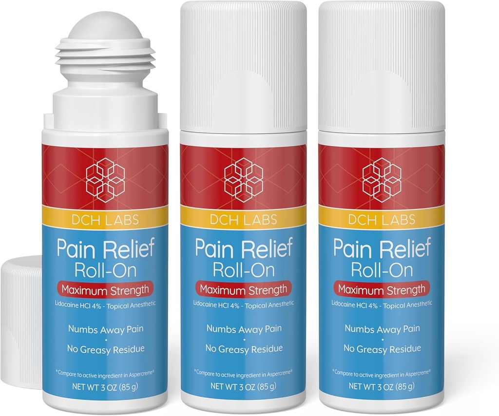 Maksimal styrke smerte relief Roll-on, 3 oz verdi størrelse, Lidocain 4%, Numbs smerte borte, Nerve smerte, (3 pakke)
