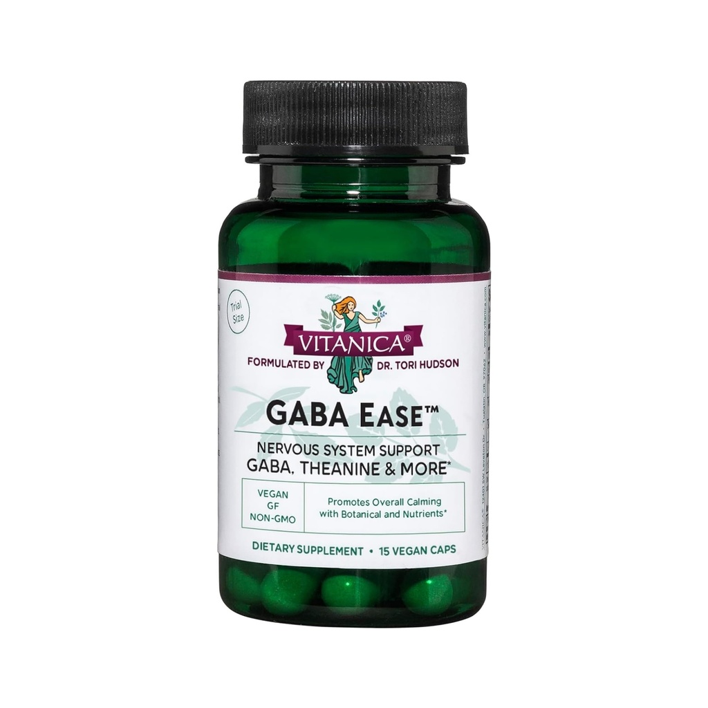 Vitanica GABA Ease - GABA & L-Theanine Supplement for rolig og avslappende støtte for kvinners helse Supplement med GABA, Passionflower, Hops, Skullcap & L-Theanine - Forbrukerlinje - 15 Vegan Caps