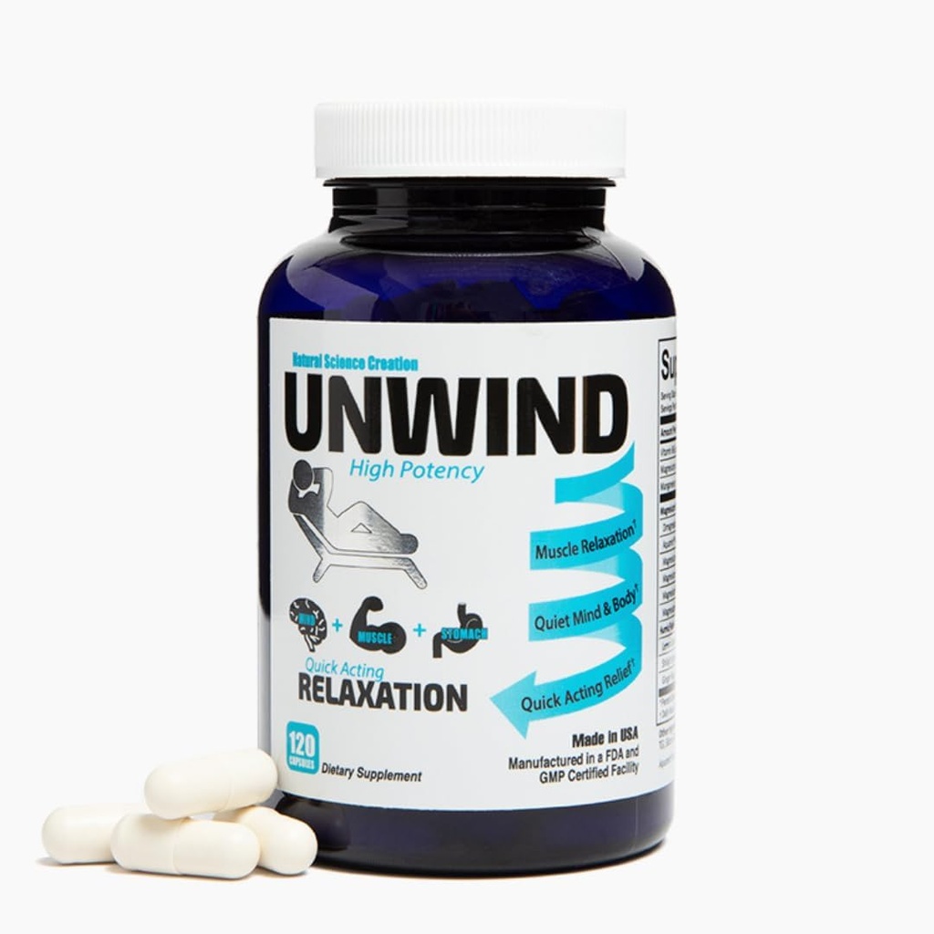 Unwind - 1885 Mgs Magnesium Per Serving, Avansert Relaxation Supplement, Max Styrke Elementalt Magnesium, Lemon Balm, Primavie Shilajit, Ginger - 120 Kapsler - laget i USA