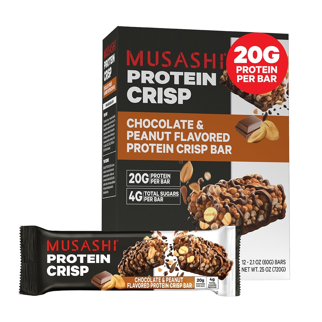 MUSASHI Protein Crisp Bar, 20g Protein, 4g Total Sukker, Sjokolade og peanøtt, Post Trening og Snack På farten, 12 pakke med 2.1oz (60g) Barer
