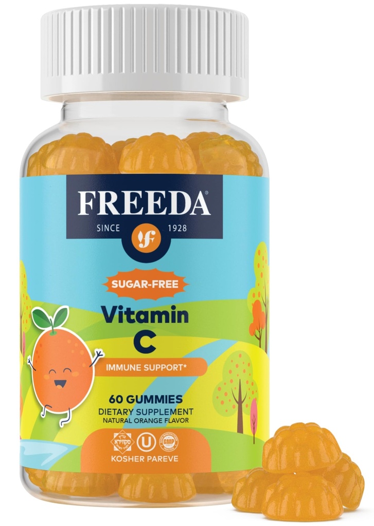 FREEDA Vitamin C Kids Vitamin C Gummies - Barn Sugar Gratis VIT C Gummy Chewable for voksne, Tenåringer og barn - Certifisert Kosher, Delicious Orange Flavor, Null Sukker Immune Support Supplement (60 Ct)