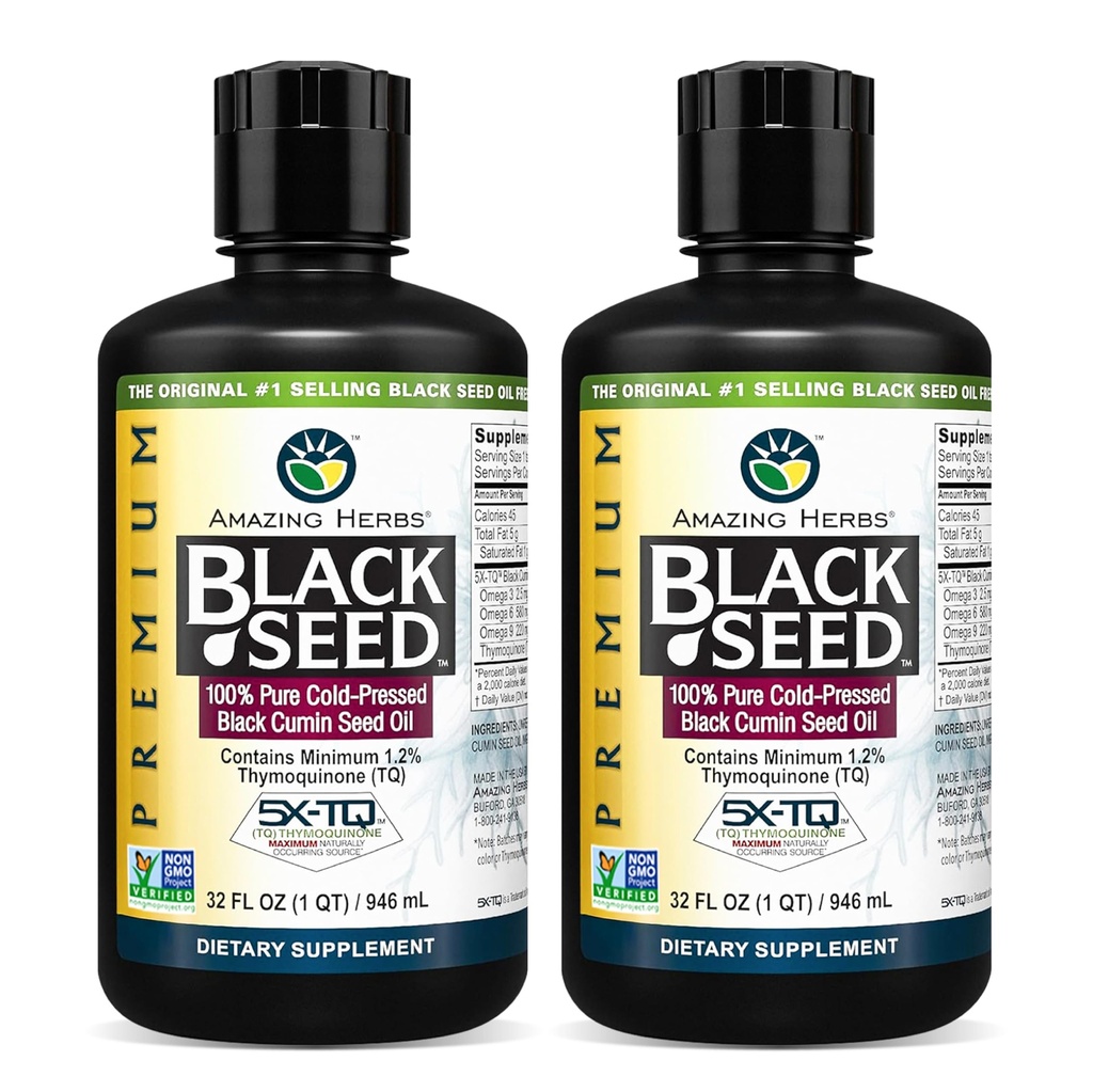 Amazing Herbs Premium Black Seed Oil - Cold Pressed Nigella Sativa Aids i Digestive Helse, Immune Støtte, Hjernefunksjon, Joint Mobility, Glutenfri, Ikke GMO - 32 Fl Oz (Pack of 2)