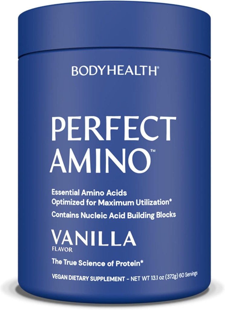 BodyHealth PerfectAmino pulver - BCAA og EAA pulver for pre og post trening - Amino syre energi drikke for menn og kvinner å støtte lean muskel og gjenoppretting - Vanilla - 60 serveringer