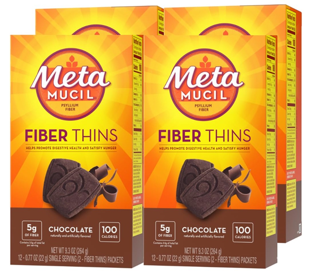 Metamucil, Fiber Thins, Daglig Psyllium Husk Fiber Supplement, støtter Digestive Helse og tilfredsheter Sult, Sjokolade Flavor, 48 Total Services (4 Pakker med 12)