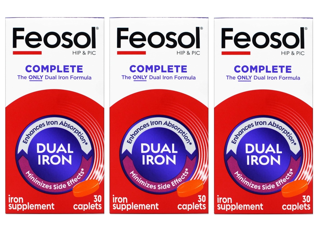 Feosol Bifera HIP & PIC Iron Supplement, komplett - 30 Caplets, Pakke med 3